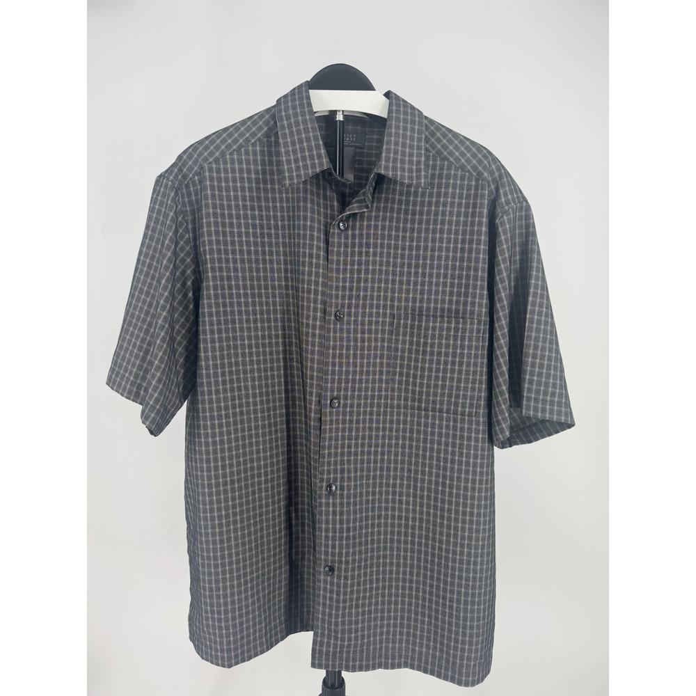 Crazy Horse Claiborne Mens XL Grey Plaid Short Sleeve Button Down Shirt Pocket